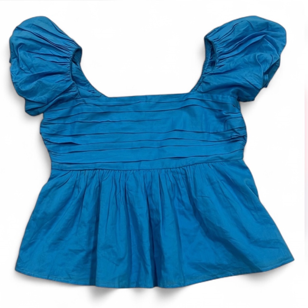 Abercrombie and Fitch Puff Sleeve Pleated Peplum Top 100% Cotton Turquoise Small